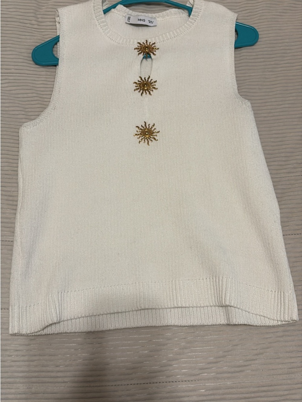 Mango Cream Sleeveless Knit Tank with Gold Sunburst Buttons